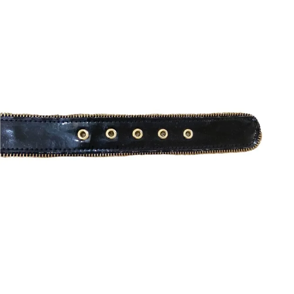 Vtg 90’s vegan black patent leather zipper edge belt gold tone buckle medium